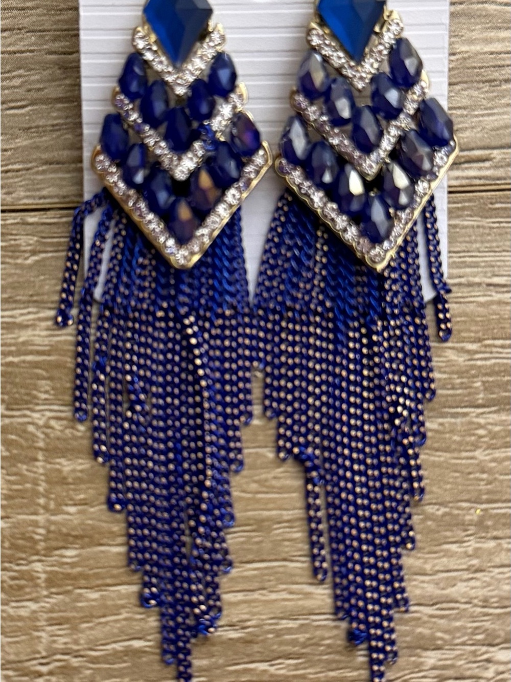 Royal Blue Rhinestone Statement Tassel Earrings New - Picture 2 of 4